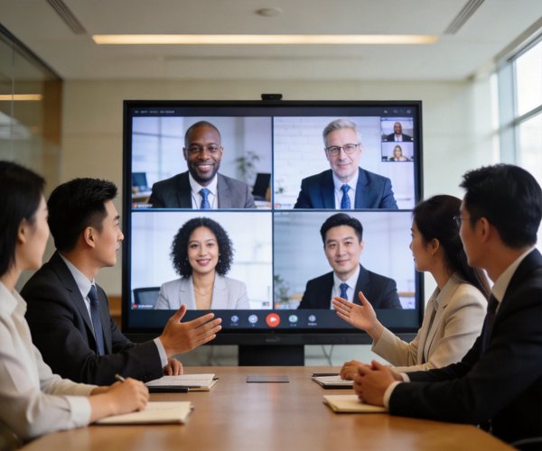 Professional trade team conducting video meeting